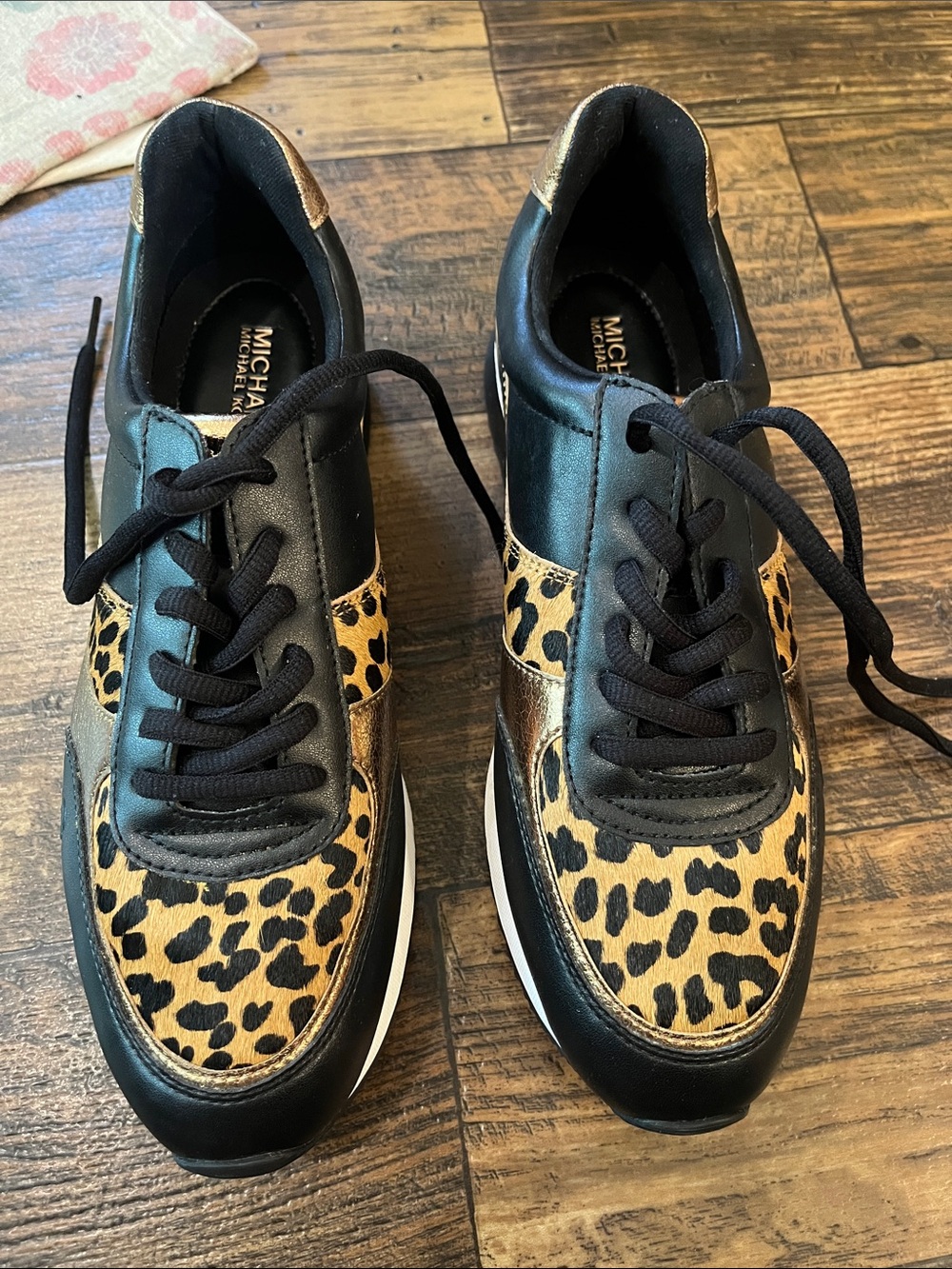 MICHAEL Michael Kors Black and Tan Leopard Print Lace-Up Sneakers